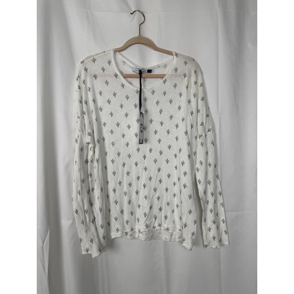 Tempo Paris Womens White Cactus Print Long Sleeve Top Size L Lightweight Knit